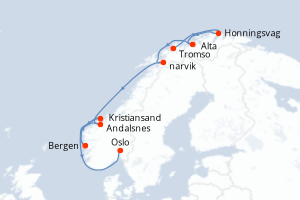 Carte itinéraire croisière La Ligne du Cap Nord - 8 jours au départ de Tromso - Europe du Nord