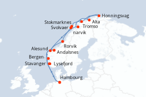 Carte itinéraire croisière Allemagne, Norvège - 14 jours au départ de Hambourg - Europe du Nord