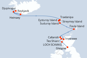Carte itinéraire croisière Archipels sauvages de l?Atlantique Nord - 10 jours au départ de Glasgow - Europe du Nord