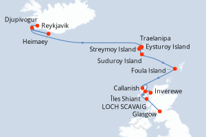 Carte itinéraire croisière Archipels sauvages de l?Atlantique Nord - 11 jours au départ de Reykjavik - Europe du Nord