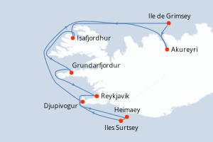 Carte itinéraire croisière Nature et traditions islandaises - 9 jours au départ de Reykjavik - Europe du Nord