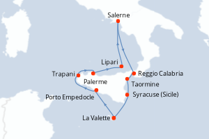 Carte itinéraire croisière Rivages authentiques d Italie - 9 jours au départ de La Valette - Méditerranée