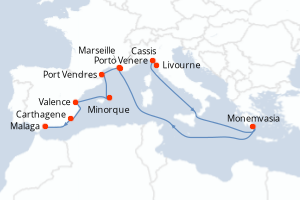 Carte itinéraire croisière Trésors de la Méditerranée occidentale - 10 jours au départ de Livourne - Méditerranée