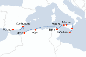 Carte itinéraire croisière La grande Bleue, au fil des civilisations - 9 jours au départ de Malaga - Méditerranée