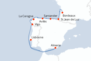 Carte itinéraire croisière La côte Atlantique avec le Ballet de l Opéra national de Paris - 9 jours au départ de Lisbonne - Garonne Dordogne