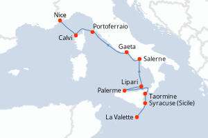 Carte itinéraire croisière Rivages italiens et île de Beauté - 9 jours au départ de La Valette - Méditerranée