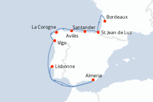 Carte itinéraire croisière L été au vert, le long du Golfe de Gascogne et de la péninsule ibérique - 9 jours au départ de Bordeaux - Atlantique