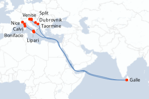 Carte itinéraire croisière De la mer Tyrrhénienne à l Adriatique - 12 jours au départ de Nice - Méditerranée