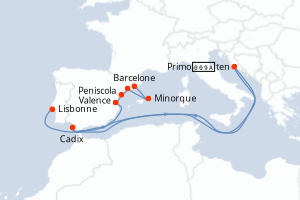 Carte itinéraire croisière Secrets de la péninsule ibérique - 8 jours au départ de Lisbonne - Méditerranée