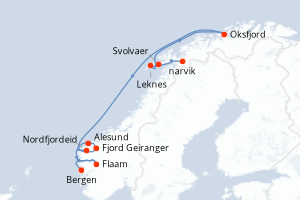 Carte itinéraire croisière Splendeurs automnales des Lofoten aux fjords de Norvège - 13 jours au départ de narvik - Europe du Nord