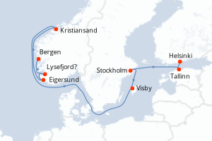 Carte itinéraire croisière De la mer du Nord à la Baltique - 10 jours au départ de Bergen - Europe du Nord