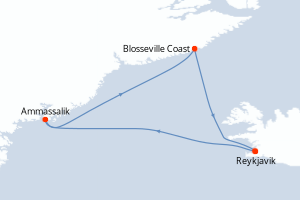 Carte itinéraire croisière Printemps inuit d Ammassalik - 10 jours au départ de Reykjavik - Europe du Nord