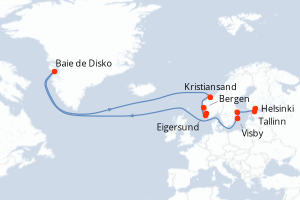 Carte itinéraire croisière Festival de Jazz, de la Baltique à la mer du Nord - 10 jours au départ de Helsinki - Europe du Nord