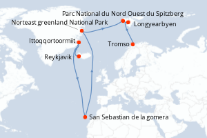 Carte itinéraire croisière Odyssée polaire entre Nord-Est du Groenland et Spitzberg - 16 jours au départ de Reykjavik - Europe du Nord