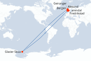 Carte itinéraire croisière Fjords norvégiens - 7 jours au départ de Bergen - Europe du Nord