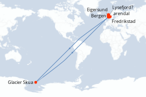 Carte itinéraire croisière Fjords norvégiens - 7 jours au départ de Fredrikstad - Europe du Nord