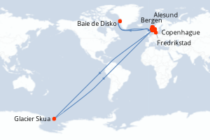 Carte itinéraire croisière Cités scandinaves et fjords norvégiens - 10 jours au départ de Copenhague - Europe du Nord