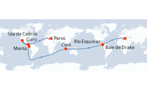Carte itinéraire croisière Côte pacifique du Costa Rica - 7 jours au départ de Paros - Iles Grecques