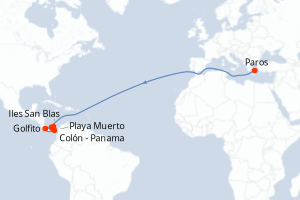 Carte itinéraire croisière Canal de Panama et joyaux d?Amérique centrale - 7 jours au départ de Paros - Riviera Mexicaine