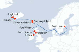 Carte itinéraire croisière Territoires sauvages d Écosse, des îles Féroé et d Islande - 10 jours au départ de Glasgow - Europe du Nord