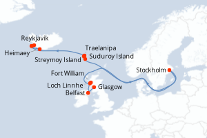 Carte itinéraire croisière Territoires sauvages d Écosse, des îles Féroé et d Islande - 10 jours au départ de Glasgow - Europe du Nord