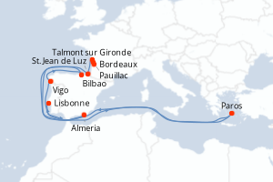 Carte itinéraire croisière Saveurs, vignes et océan - 10 jours au départ de Lisbonne - Garonne Dordogne
