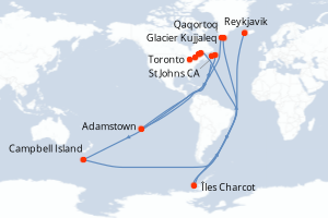 Carte itinéraire croisière Exploration du Groenland au Canada par Saint-Pierre-et-Miquelon - 15 jours au départ de Reykjavik - Saint Laurent