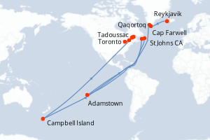 Carte itinéraire croisière Exploration du Groenland au Canada par Saint-Pierre-et-Miquelon - 15 jours au départ de Reykjavik - Saint Laurent