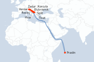 Carte itinéraire croisière Merveilles naturelles et joyaux culturels de Dalmatie - 7 jours au départ de Venise - Adriatique