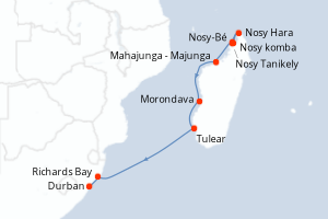 Carte itinéraire croisière Afrique du Sud et Madagascar - 11 jours au départ de Nosy-Bé - Afrique du Sud