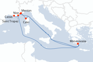 Carte itinéraire croisière Corse et French Riviera - 5 jours au départ de Nice - Méditerranée