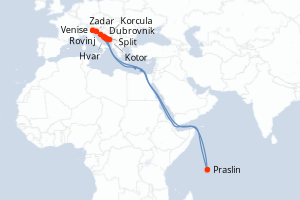 Carte itinéraire croisière Merveilles naturelles et joyaux culturels de Dalmatie - 7 jours au départ de Venise - Adriatique