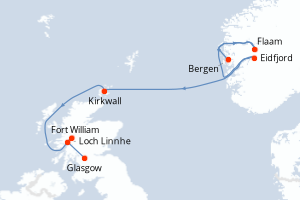 Carte itinéraire croisière Îles écossaises et fjords norvégiens - 7 jours au départ de Bergen - Europe du Nord