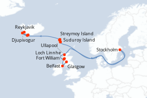 Carte itinéraire croisière Territoires sauvages d Écosse, des îles Féroé et d Islande - 11 jours au départ de Glasgow - Europe du Nord