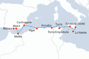 Carte itinéraire croisière La grande Bleue, au fil des civilisations - 9 jours au départ de La Valette - Méditerranée