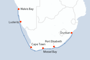 Carte itinéraire croisière Namibie et Afrique du Sud - 10 jours au départ de Walvis Bay - Afrique du Sud