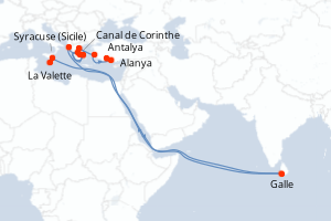 Carte itinéraire croisière La Méditerranée : empreintes des grandes civilisations - 10 jours au départ de La Valette - Méditerranée