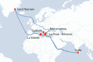 Carte itinéraire croisière Cités antiques de Méditerranée - 7 jours au départ de Le Piree - Athenes - Méditerranée