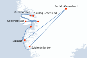 Carte itinéraire croisière Baie de Disko et villages inuits - 7 jours au départ de Sud du Groenland - Gröenland