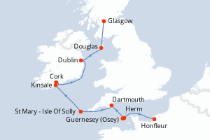 Carte itinéraire croisière Archipels britanniques et rivages celtiques - 8 jours au départ de Honfleur - Europe du Nord