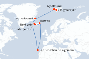 Carte itinéraire croisière Du Svalbard à l Islande : odyssée polaire - 13 jours au départ de Longyearbyen - Europe du Nord