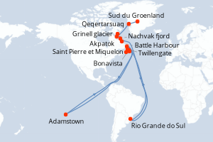 Carte itinéraire croisière Des côtes sauvages du Groenland à la côte est du Canada - 14 jours au départ de Sud du Groenland - Canada Bermudes