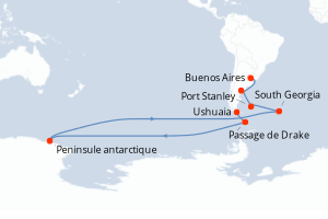 Carte itinéraire croisière Voyage en terres australes et péninsule Valdés - 18 jours au départ de Ushuaia - Amérique du Sud