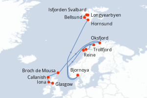 Carte itinéraire croisière De l Écosse au Spitzberg - 13 jours au départ de Glasgow - Spitzberg