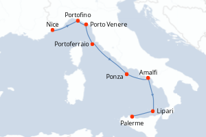 Carte itinéraire croisière De la Riviera ligure à la Sicile, sous les voiles du Ponant - 7 jours au départ de Nice - Méditerranée