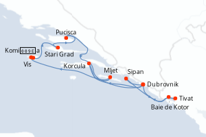 Carte itinéraire croisière La Croatie, sous les voiles du Ponant - 7 jours au départ de Dubrovnik - Adriatique