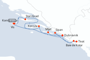 Carte itinéraire croisière La Croatie, sous les voiles du Ponant - 7 jours au départ de Dubrovnik - Adriatique