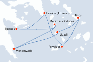 Carte itinéraire croisière La Grèce méridionale, dans le sillage du Ponant - 7 jours au départ de Lavrion (Athenes) - Méditerranée