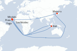 Carte itinéraire croisière Visages du Cap-Vert - 7 jours au départ de Mindelo - Atlantique