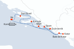 Carte itinéraire croisière La Croatie, sous les voiles du Ponant - 7 jours au départ de Dubrovnik - Adriatique